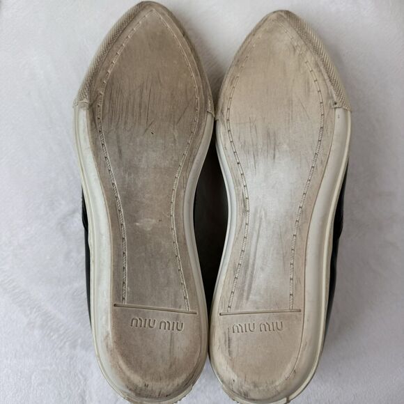 Miu Miu Womens Skate Shoes Black Leather Slip On Metal Cap Toe Size 35.5 Flats - Picture 8 of 10